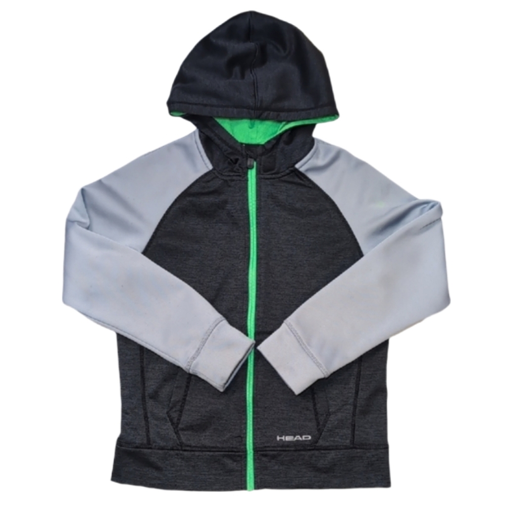 HEAD Performance Boys Active Hoodie Grey Lime Green Full Zip Size Medium 10 12